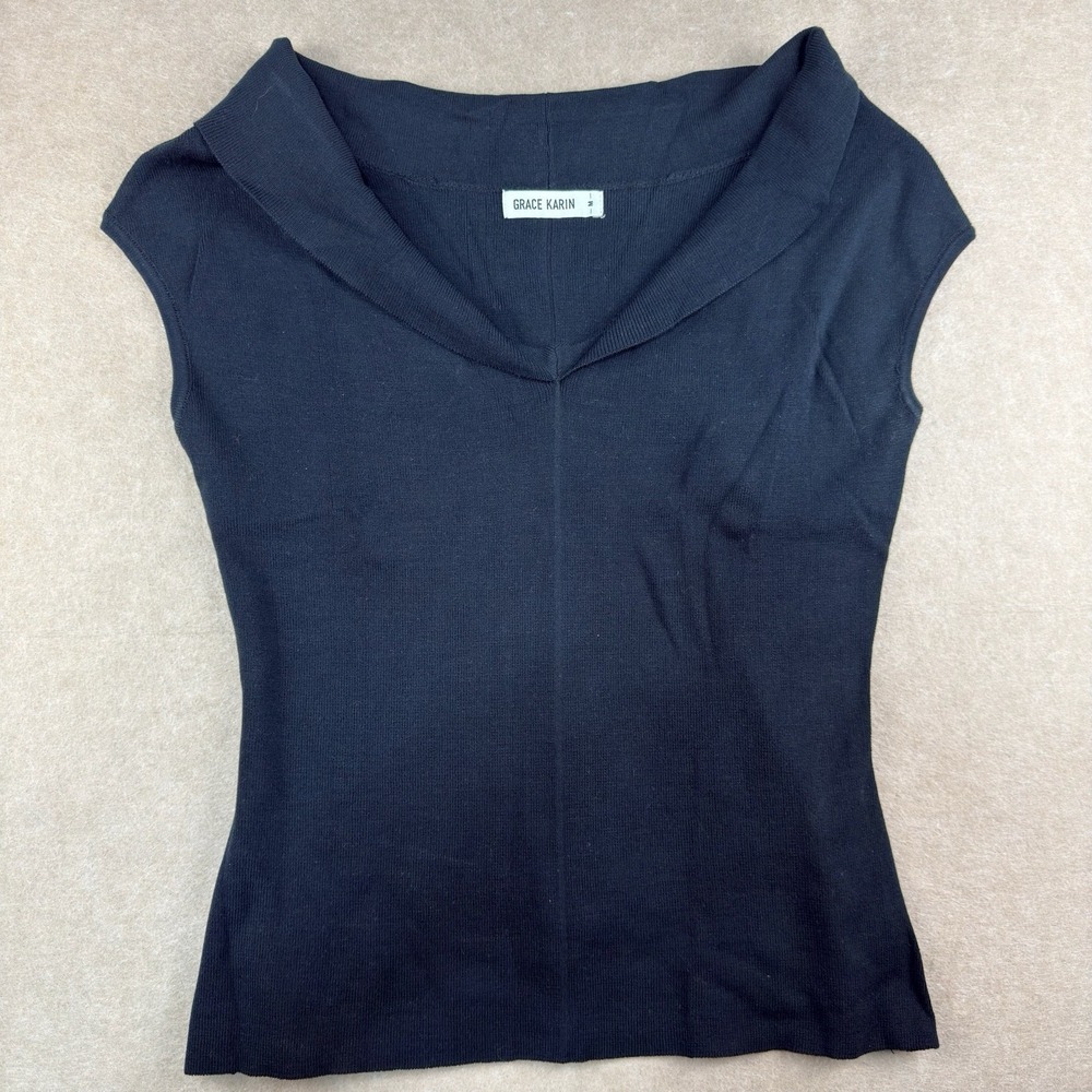 Grace Karin Women's Black Sleeveless‎ Knit Top Size M V-Neck Pullover Fitted
